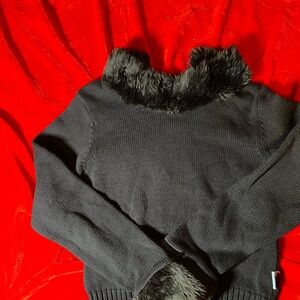 POM POM DESIGNER Cozy Black Kids Sweater with Furry Collar